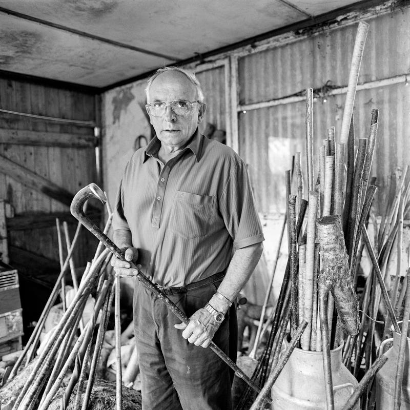 Andrew Jones. Place shot: Workshop, Cwmgwyn, 21st September 2002. Place and date of birth: Cwmgwyn 1934. Main occupation: Stick maker - retired farmer. First language: Welsh. Other languages: English. Lived in Wales: Always.