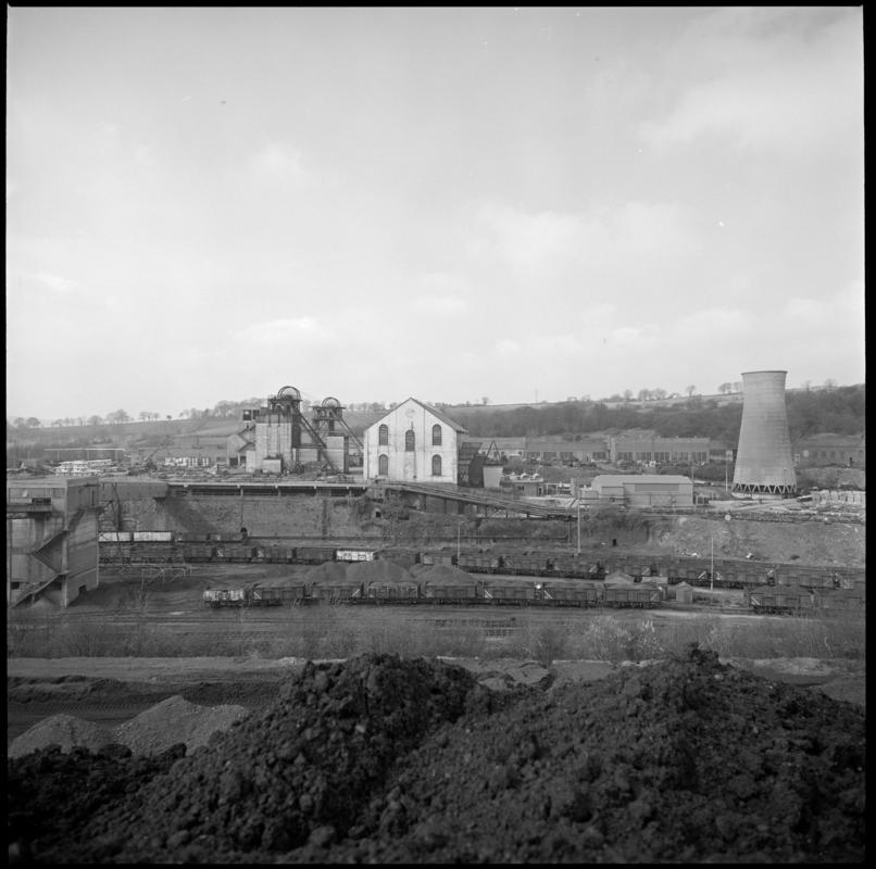 Black and white film negative showing a surface view of Cwm Colliery, 3 April 1981.  &#039;Cwm 3 April 1981&#039; is transcribed from original negative bag.