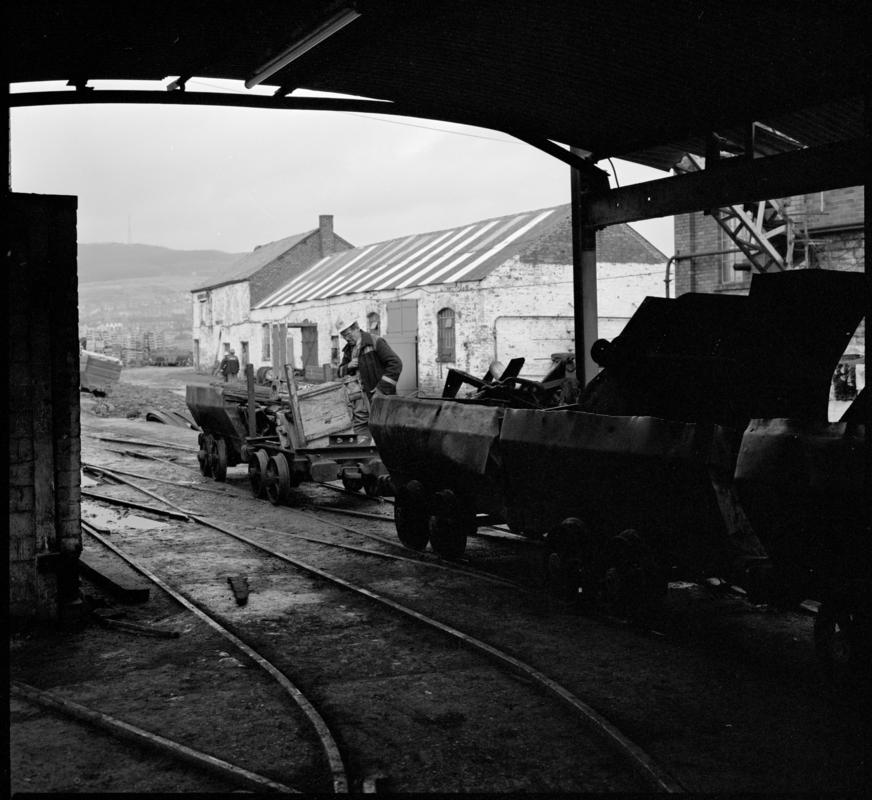 Black and white film negative showing Coegnant Colliery yard, 25 November 1981.  &#039;25 Nov 1981&#039; is transcribed from original negative bag.