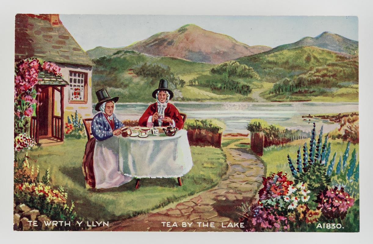 &#039;Te wrth y llyn / Tea by the lake.&#039;  2 Welsh ladies at tea table.