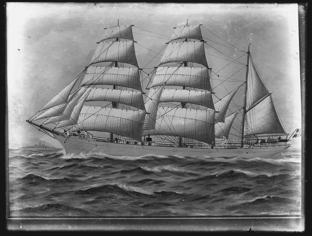 Photograph of a painting showing a port broadside view of the three-masted barque MARION.