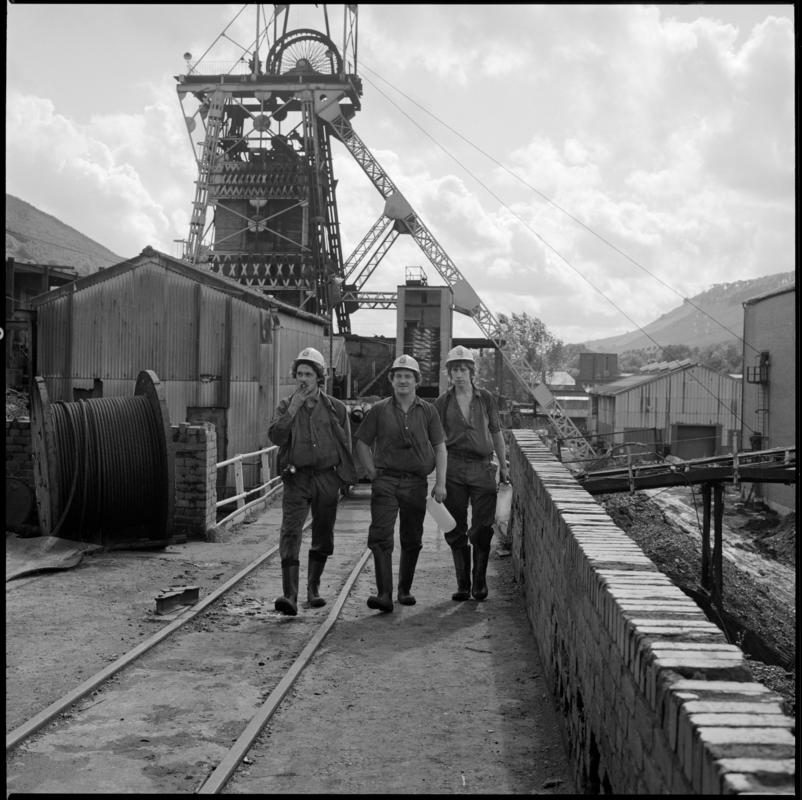 Black and white film negative showing miners on the surface, Merthyr Vale Colliery, 21 September 1981.  &#039;Merthyr Vale 21 Sep 1981&#039; is transcribed from original negative bag.
