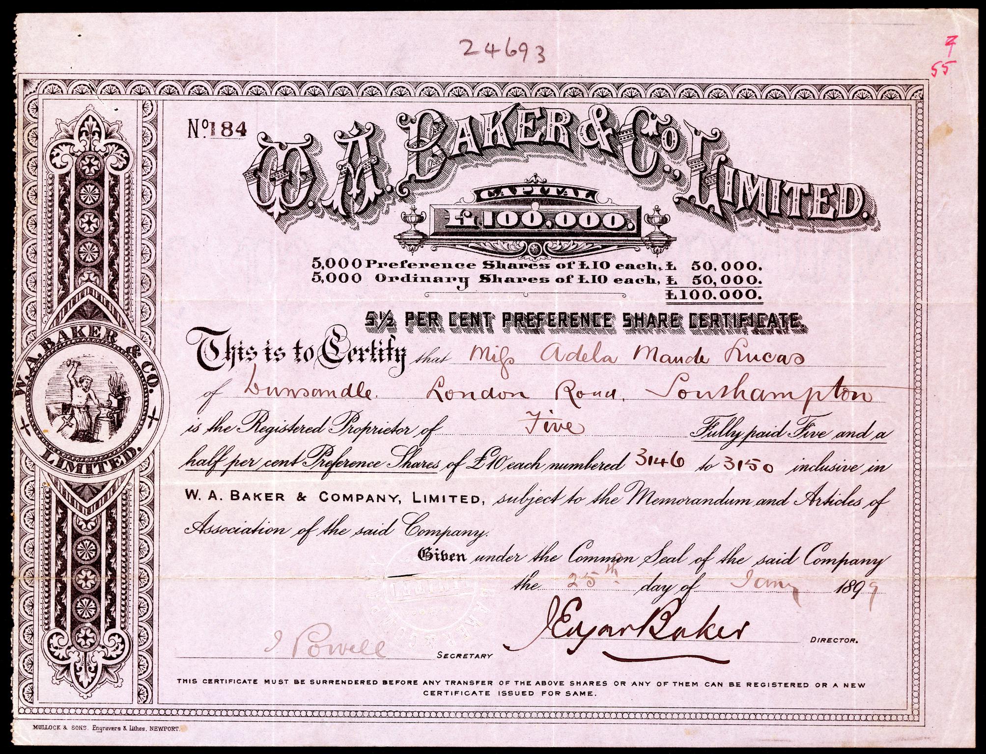 W.A. Baker & Co. Limited, share certificate
