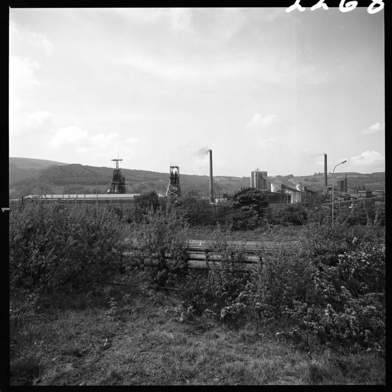 Black and white film negative showing a landscape view towards Nantgarw Colliery.