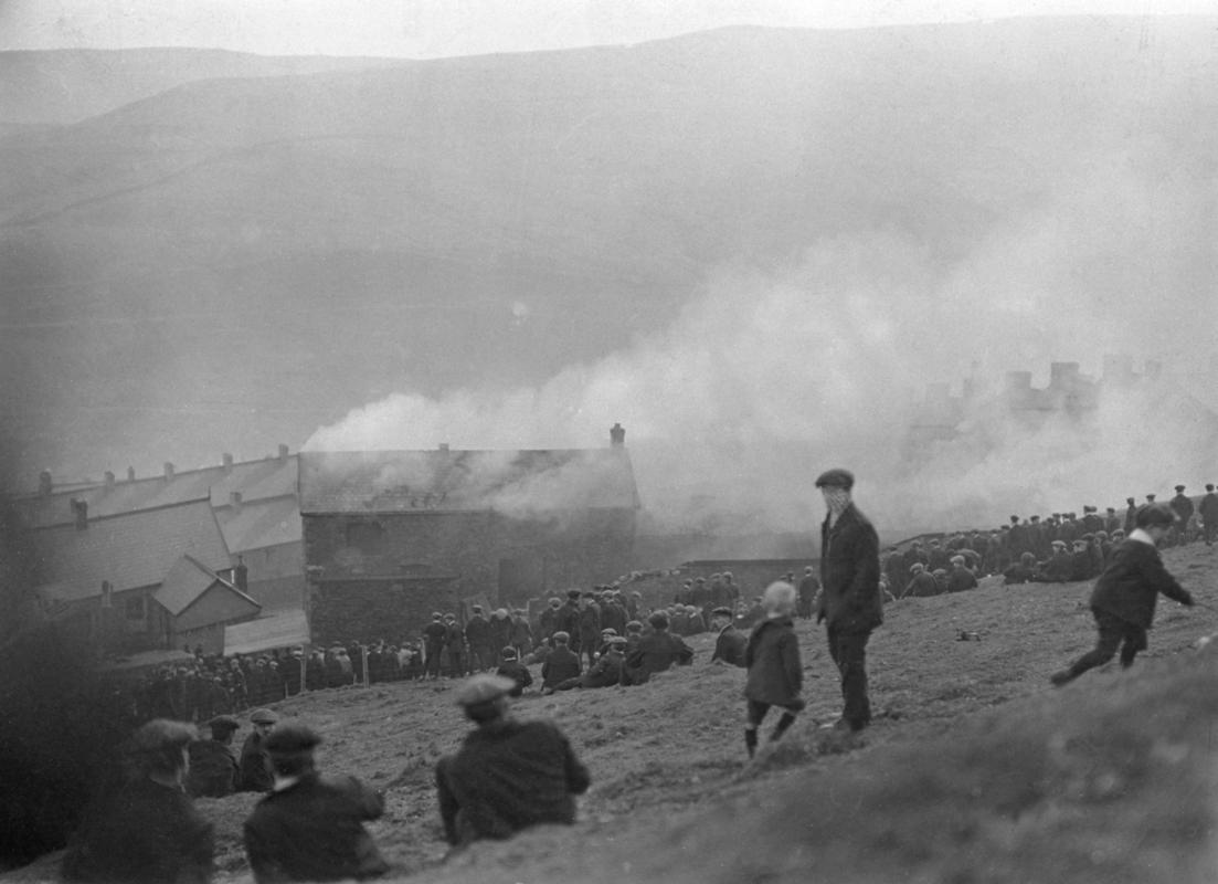 Cambrian Combine Strike. Slaughter house burning on mountain side at Blaenclydach
