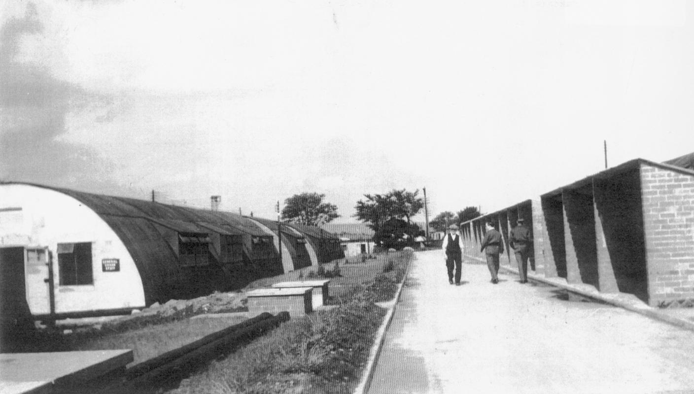 General view of nissen-hut accomodation for Bevin Boys in training at Oakdale Colliery. The camp was nicknamed the &quot;Oakdale Hotel&quot;.