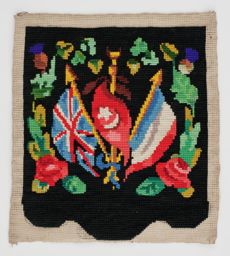Woolwork picture embroidered with British, French &amp; Turkish flags