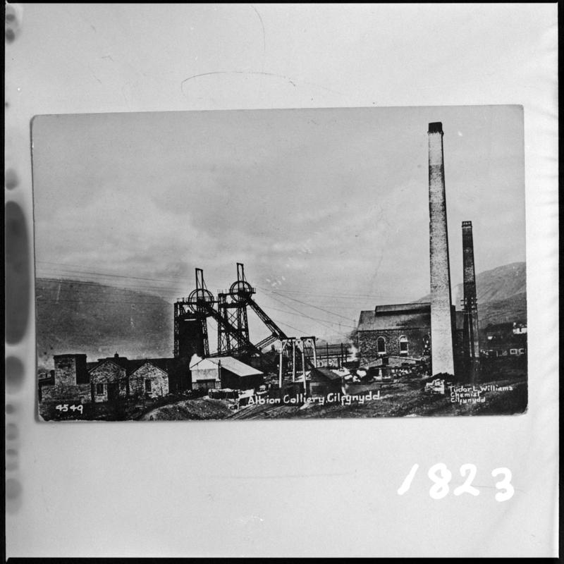 Black and white film negative of a photograph showing a surface view of Albion Colliery, Cilfynydd.  It was sunk in the 1880s and closed in 1966.  &#039;Albion Colliery&#039; is transcribed from original negative bag.