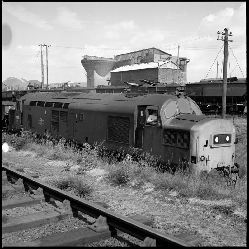 Black and white film negative showing a locomotive near the washery, Big Pit.  &#039;Blaenavon&#039; is transcribed from original negative bag.