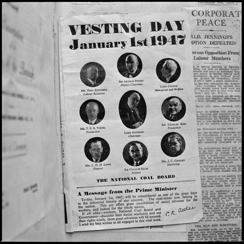 Black and white film negative showing a page out of a nationalisation publication.  Page is entitled &#039;Vesting Day January 1st 1947&#039;.