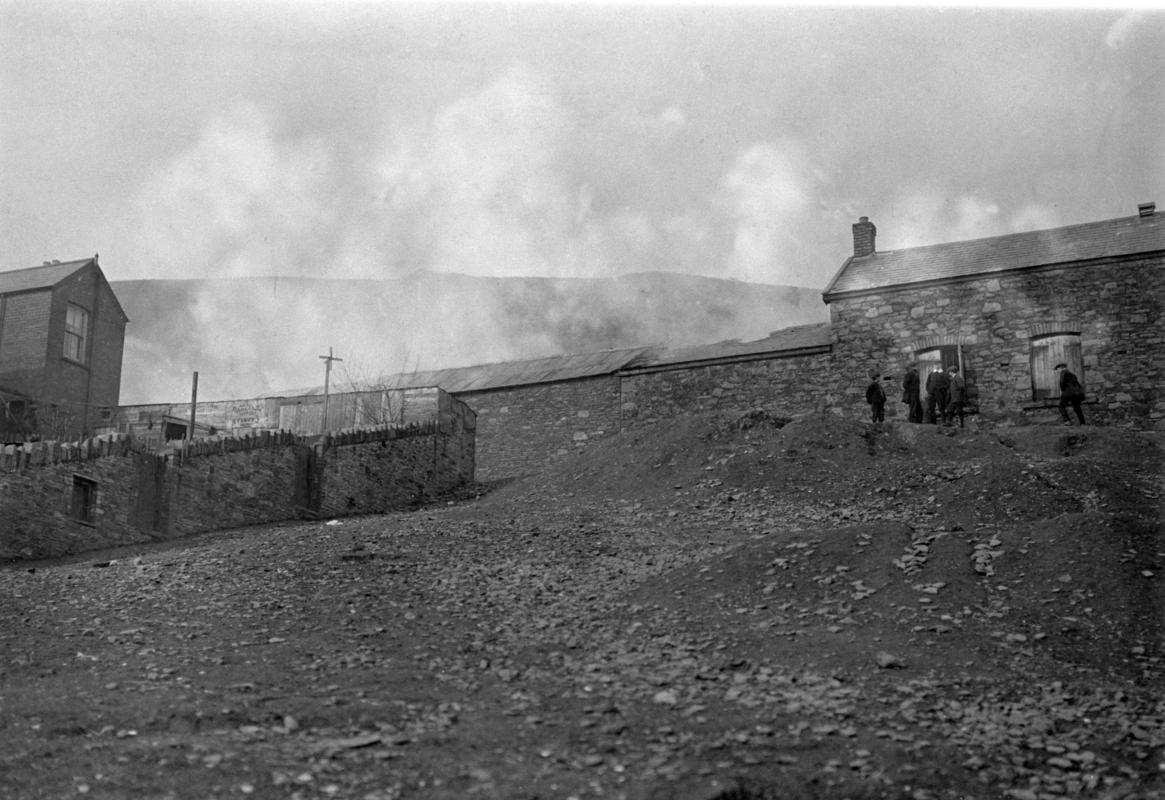 Cambrian Combine Strike. Slaughter house burning on mountain side at Blaenclydach