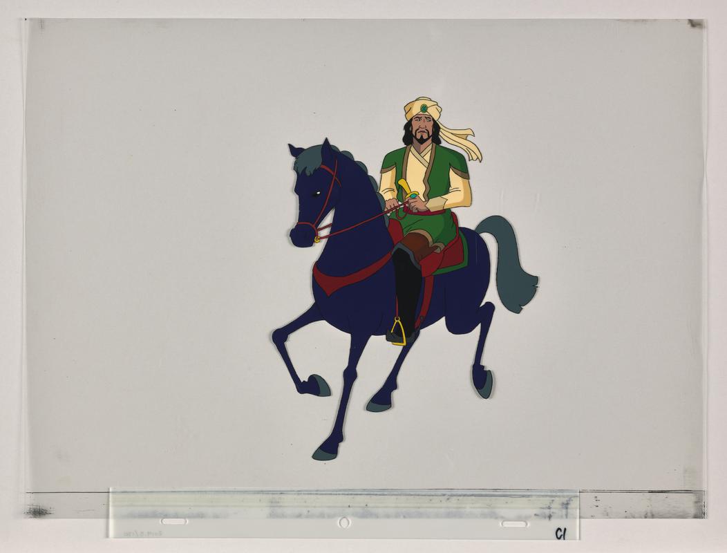 Turandot animation production artwork showing the character Calaf on horseback. Production artwork appears to be made from initial sketch 2019.5/182.