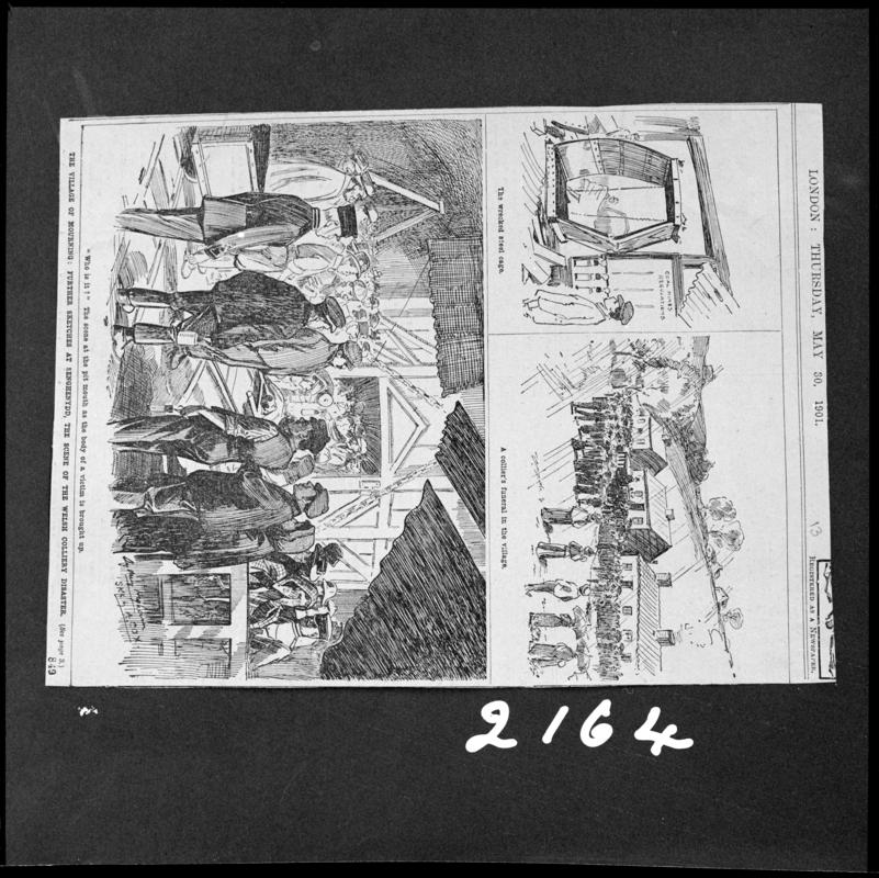 Black and white film negative showing the scene at Universal Colliery Senghenydd after the explosion of May 24th 1901, sketched illustration photographed from a publication.  &#039;Sen 1901&#039; is transcribed from original negative bag.