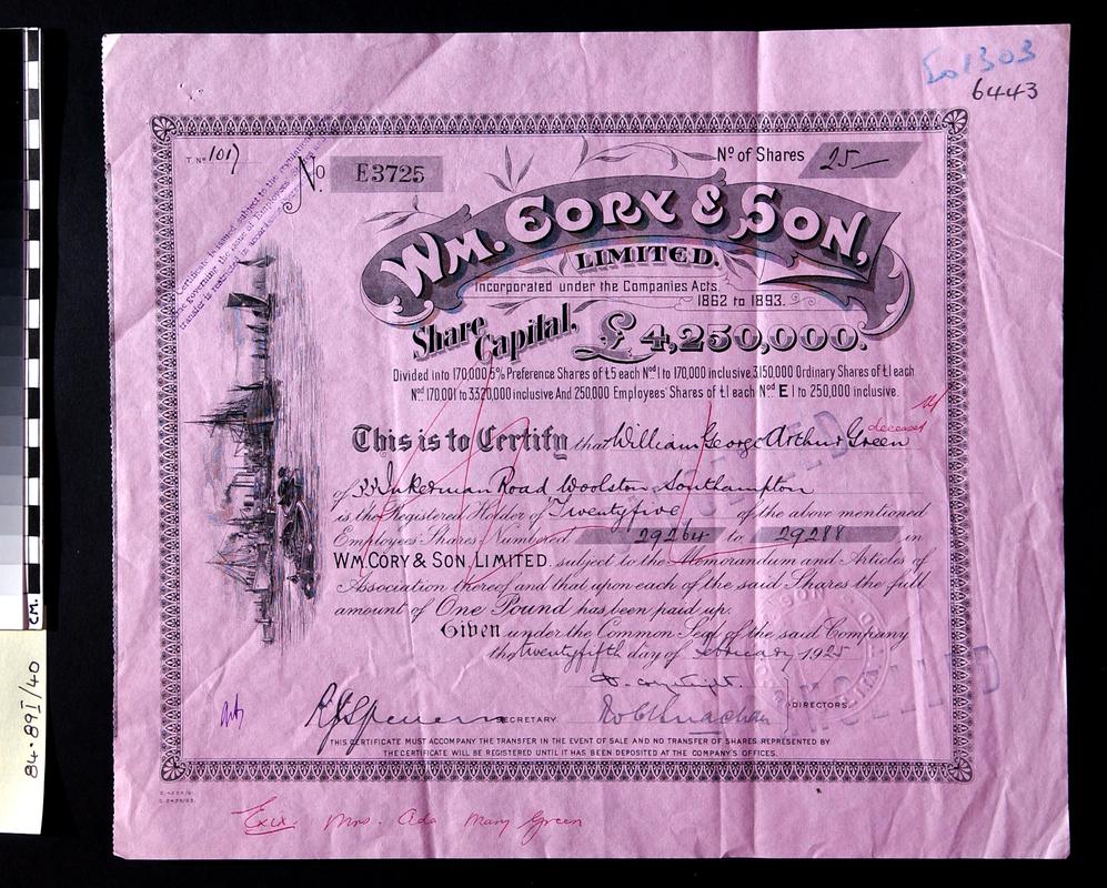 Wm. Cory &amp; Son Limited, share certificate