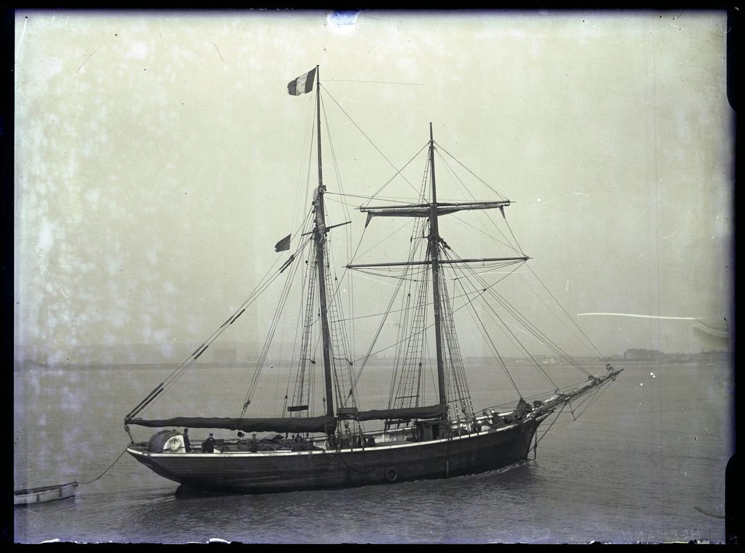 3/4 Starboard stern view of two masted topsail schooner HERMAN, Cardiff, c.1936.