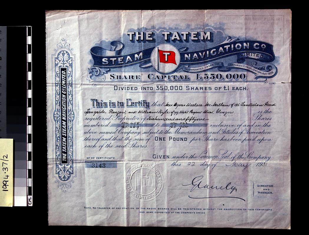 Tatem Steam Navigation Co. Ltd., share certificate
