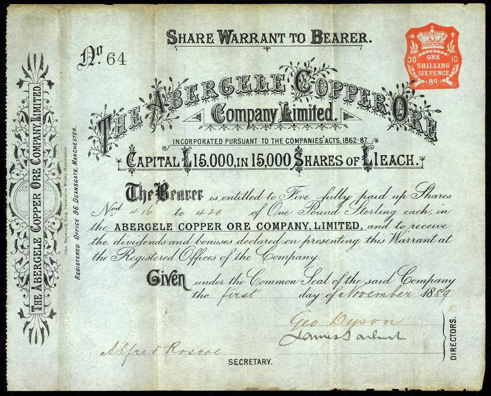 Share Certificate &quot;The Abergele Copper Ore Company Limited&quot;