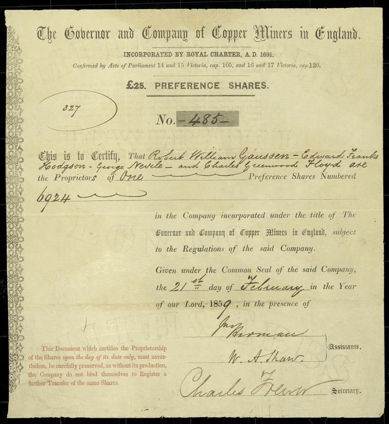 The Governor and Company of Copper Miners in England, £25 preference share (front)
