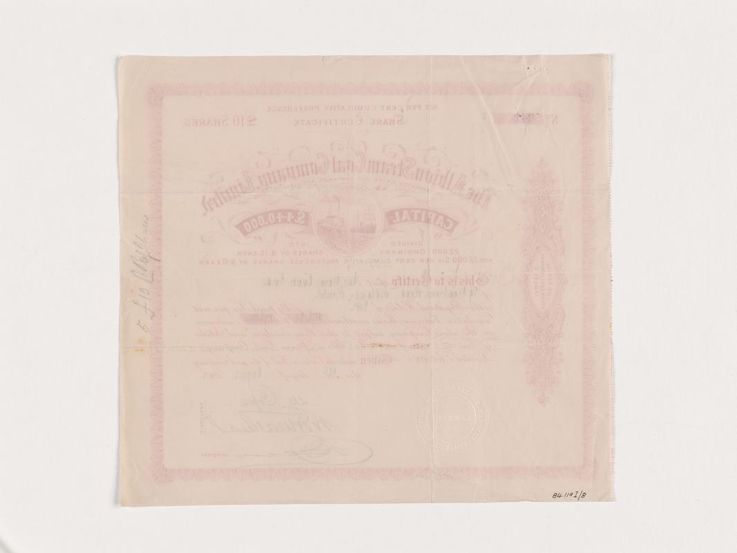 Albion Steam Coal Company Limited share cert.