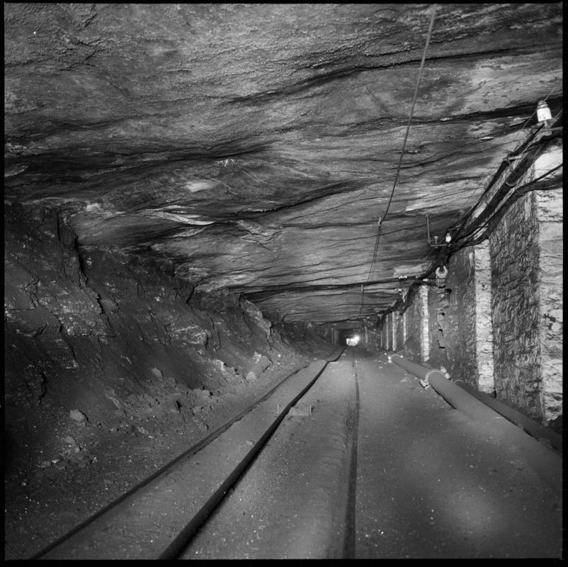 Black and white film negative showing an underground view of Graig Merthyr Colliery.  &#039;Graig Merthyr&#039; is transcribed from original negative bag.