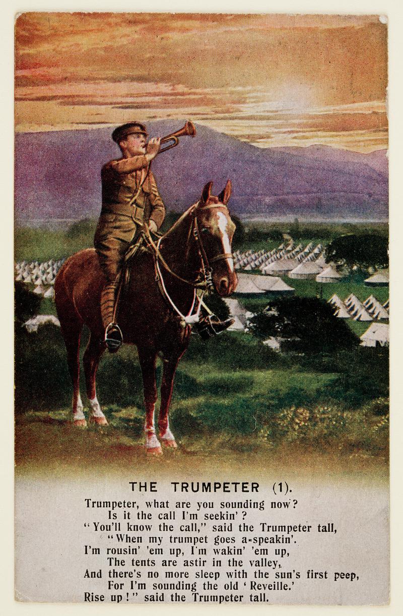 Postcard with Soldier on horseback blowing trumpet