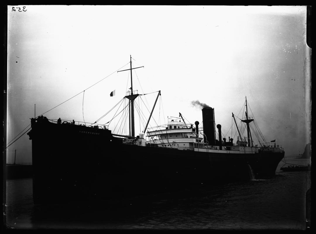 3/4 port bow view of S.S. SHREWSBURY at Cardiff Docks, c.1936.