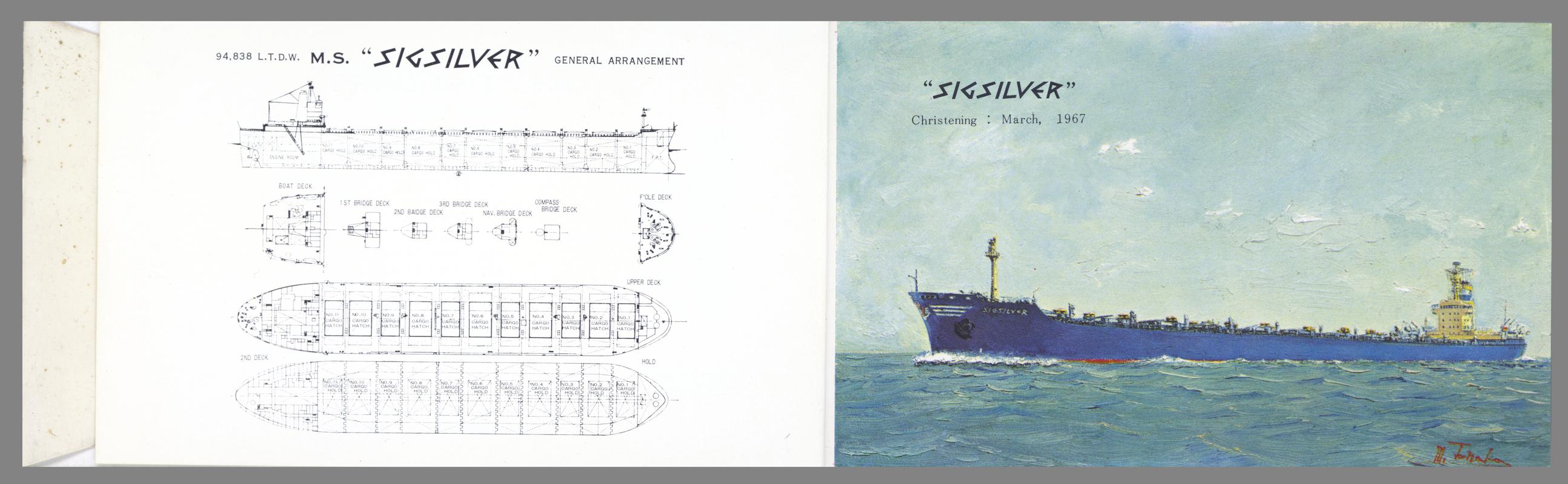 Launch card for the M.V. SIGSILVER In commemoration of christening for Messr. Silver Line Limited, March, 1967. Sigsilver.