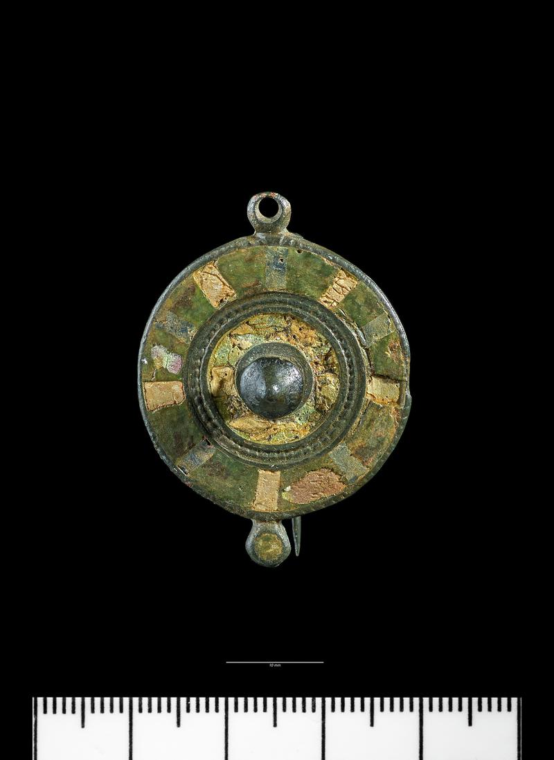Roman copper alloy disc brooch, enamelled