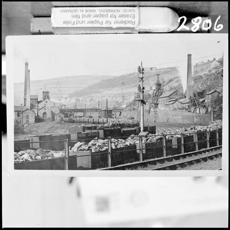 Black and white film negative of a photograph showing a surface view of Llanhilleth Colliery c.1905.  &#039;Llanhilleth&#039; is transcribed from original negative bag.