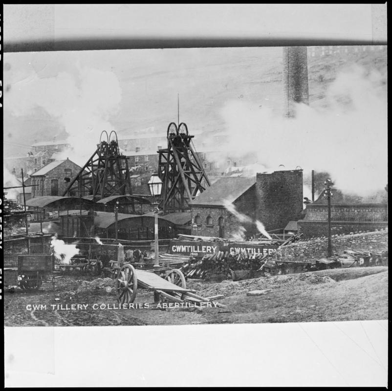 Black and white film negative of a photograph showing a surface view of Cwmtillery Colliery.  &#039;Cwmtillery&#039; is transcribed from original negative bag.  Appears to be identical to 2009.3/2158.