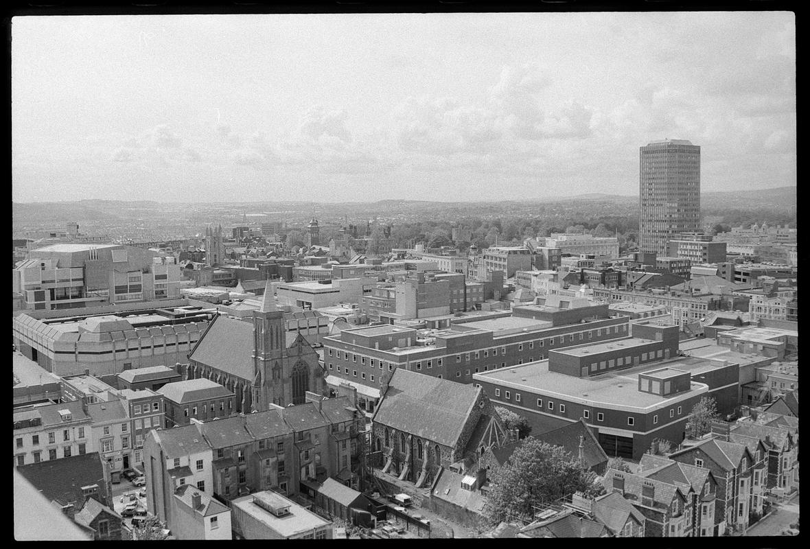 View from top of building on Churchill Way, looking down at St. David&#039;s Cathedral.