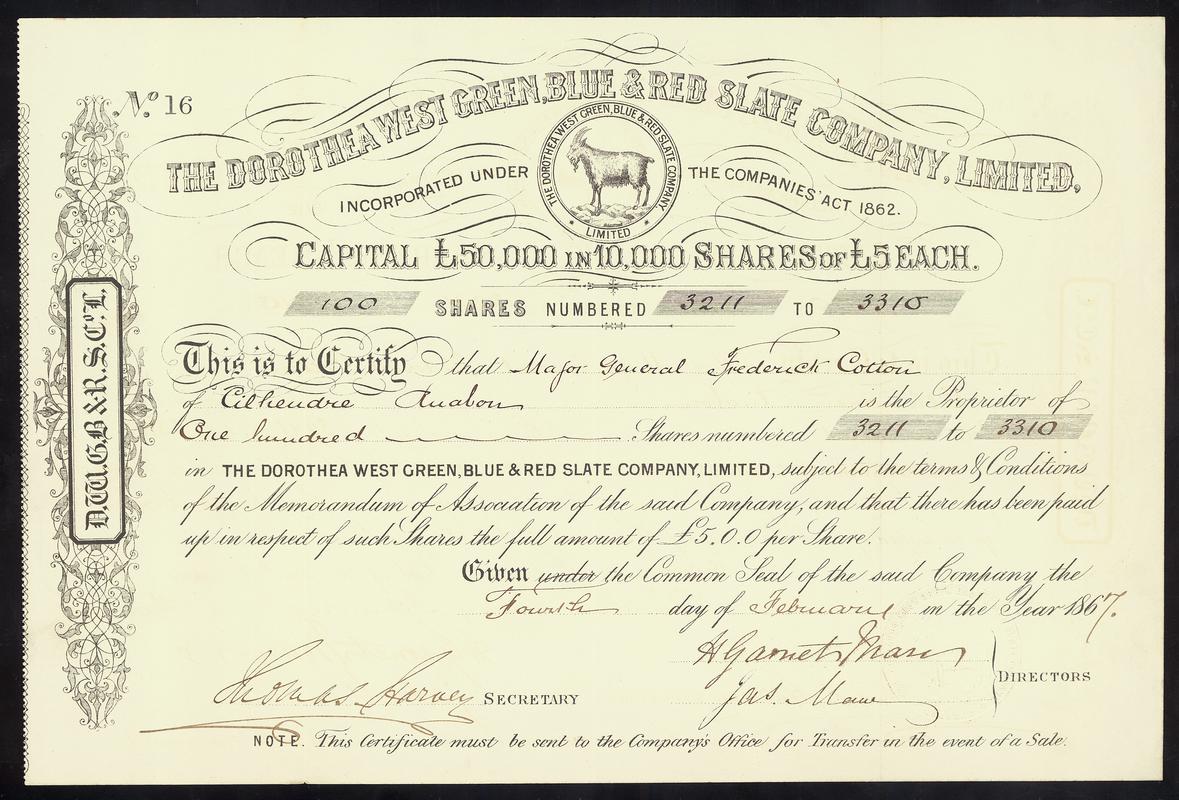 Dorothea West Green, Blue &amp; Red Slate Co. Ltd, share certificate