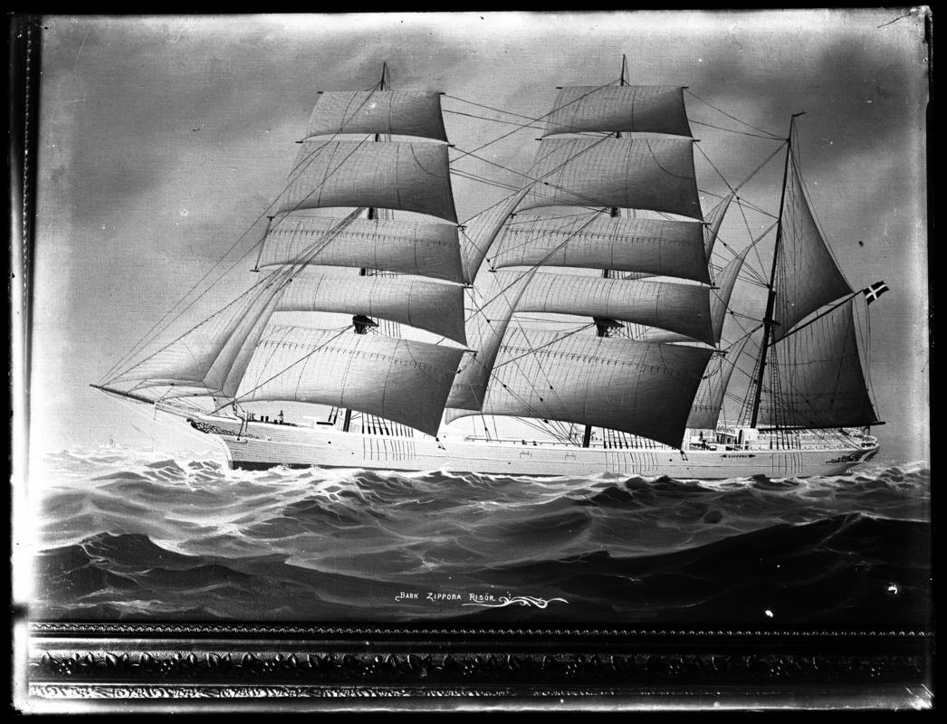 Photograph of a painting showing a port broadside view of the three-masted barque ZIPPORA-RISOR.  Title of painting - BARK ZIPPORA RISOR