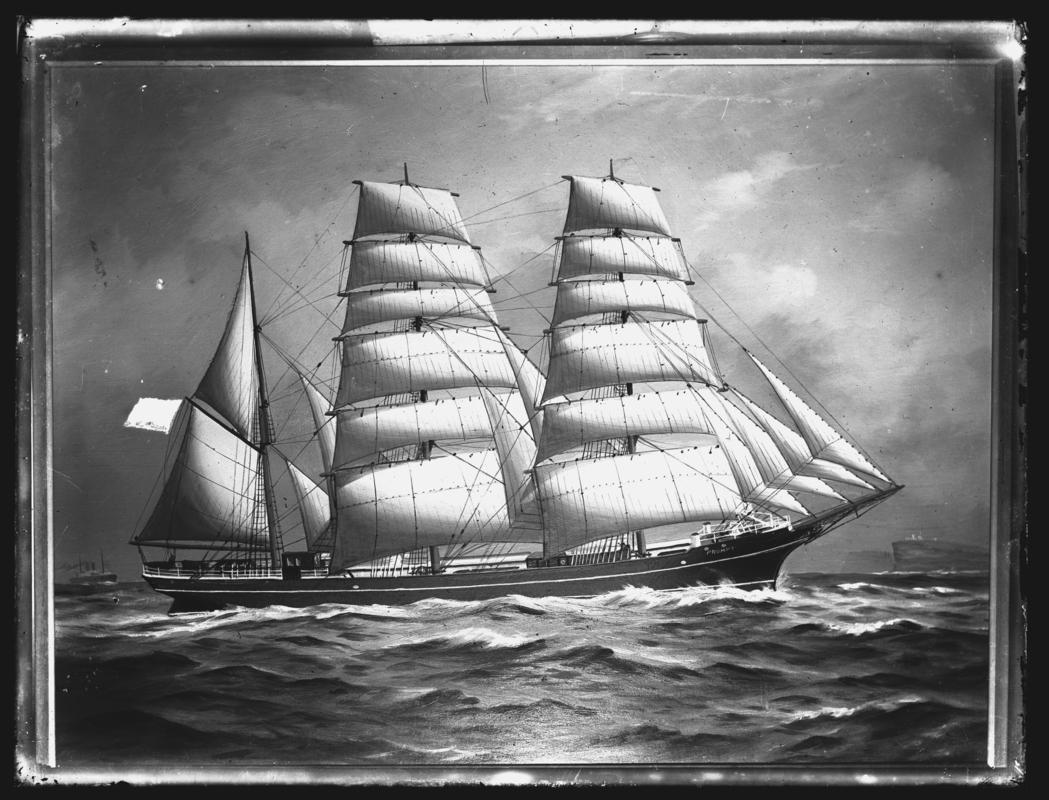 Photograph of a painting showing a port broadside view of the three-masted ship OSTARA.