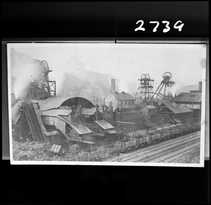 Black and white film negative of a photograph showing the Hetty Shaft, No. 3 shaft and No. 2 shaft, Great Western Colliery c.1910.  &#039;Great Western Pontypridd&#039; is transcribed from original negative bag.