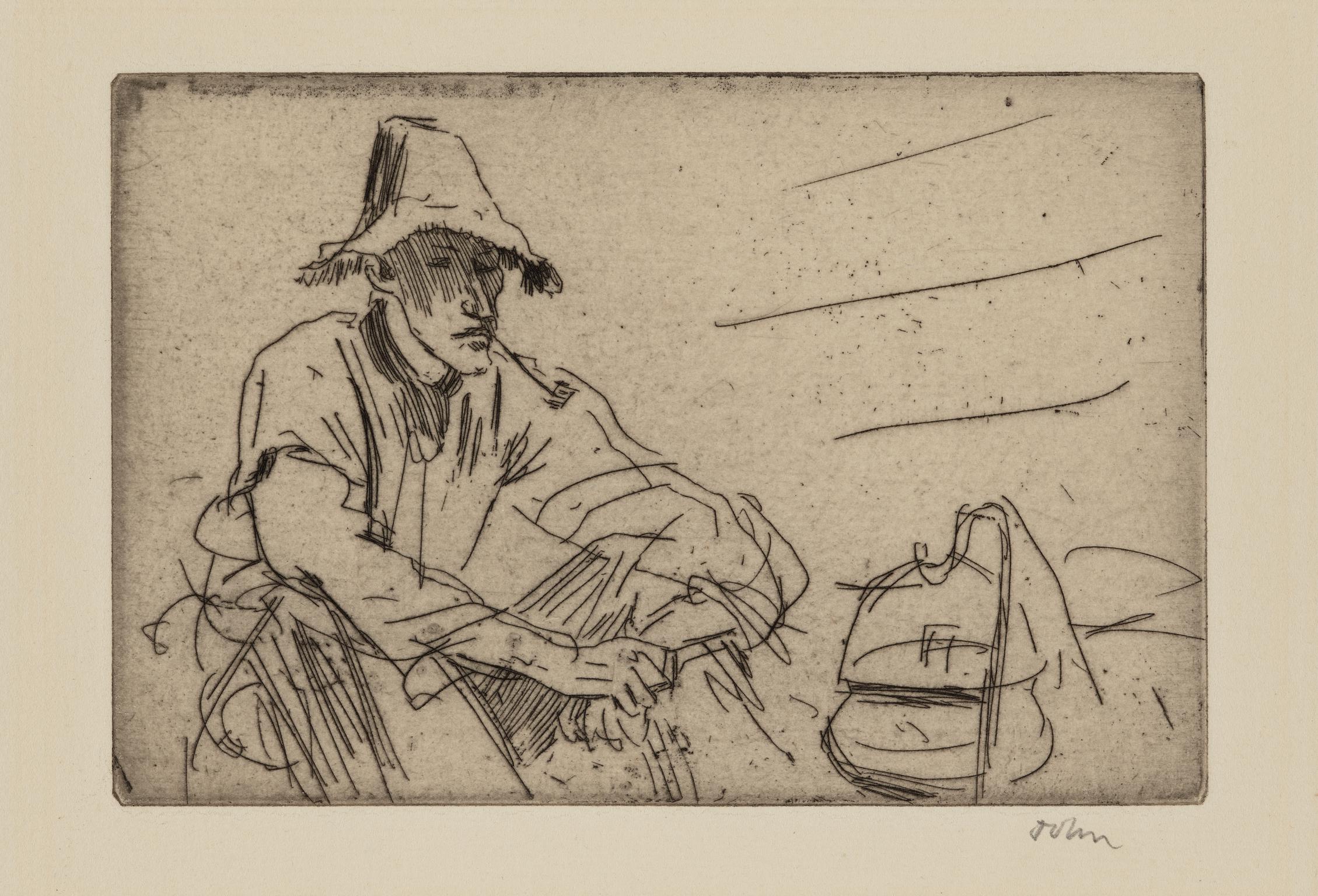 Sketch of a Man at a Camp Fire