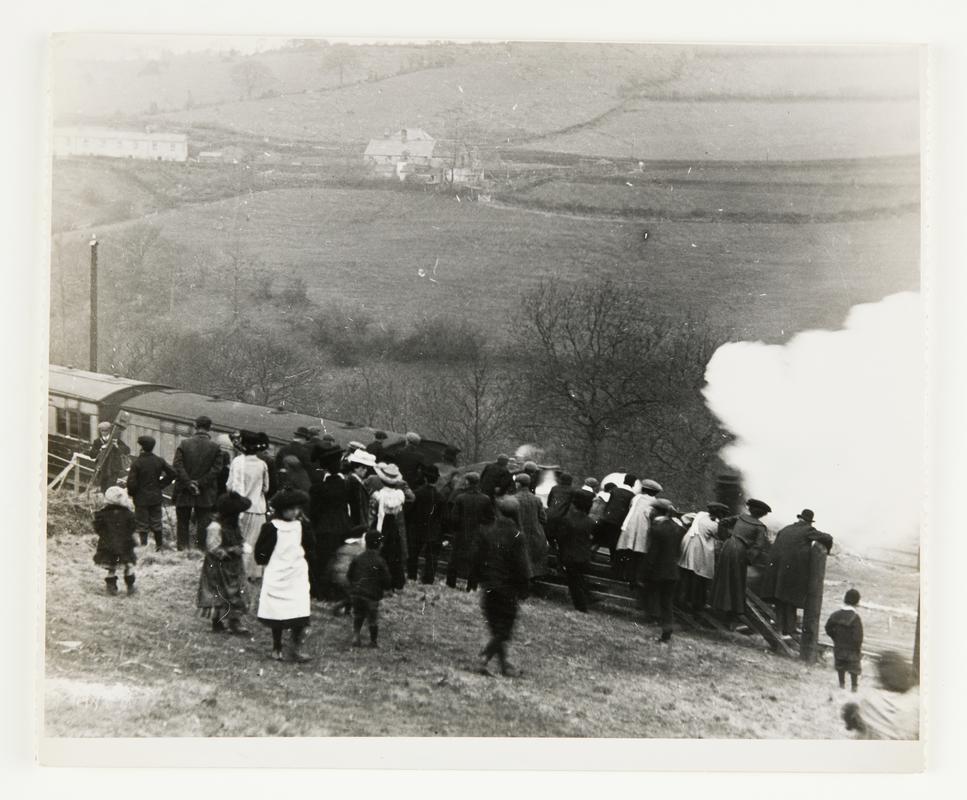 Black and white photograph showing train arriving with distinguished guests for the inauguration ceremony at Oakdale Colliery, 1907.