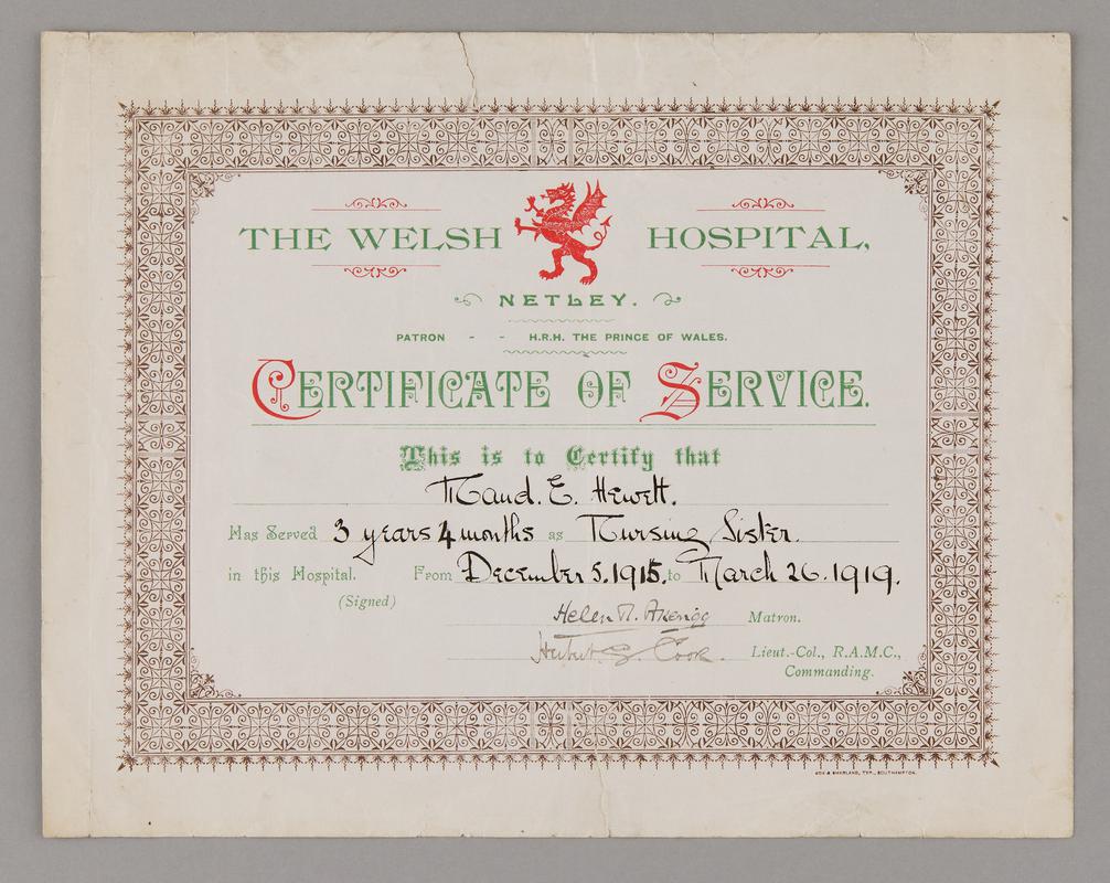 Welsh Hospital Southampton, certificate of service