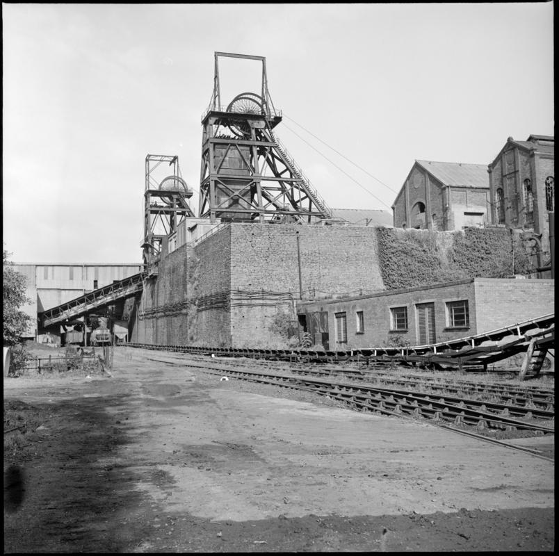 Black and white film negative showing a surface a view of Celynen North Colliery, 11 October 1975.  &#039;Celynen North 11 Oct 1975&#039; is transcribed from original negative bag.