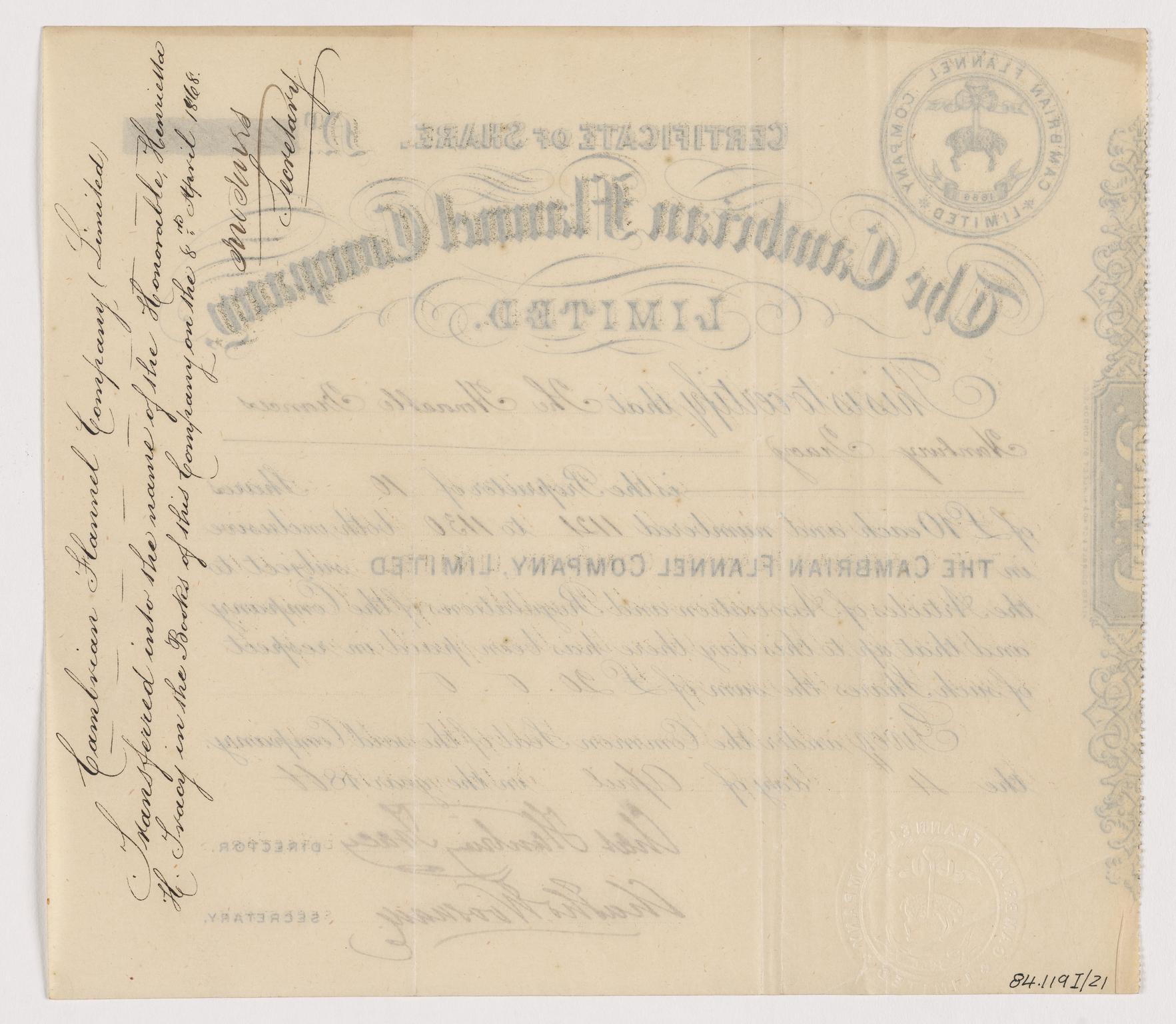 Cambrian Flannel Company Limited, share cert.