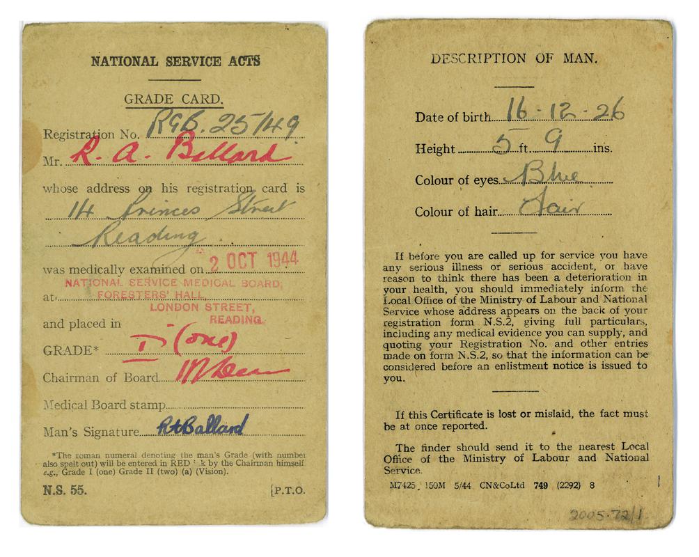 Papers relating to R.A. Ballard&#039;s Bevin Boy Service (front and back)