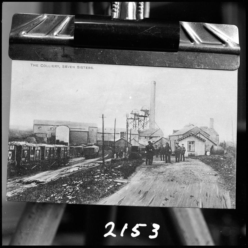 Black and white film negative of a photograph showing a general surface view of Seven Sisters Colliery.  &#039;Seven Sisters Pit&#039; is transcribed from original negative bag.