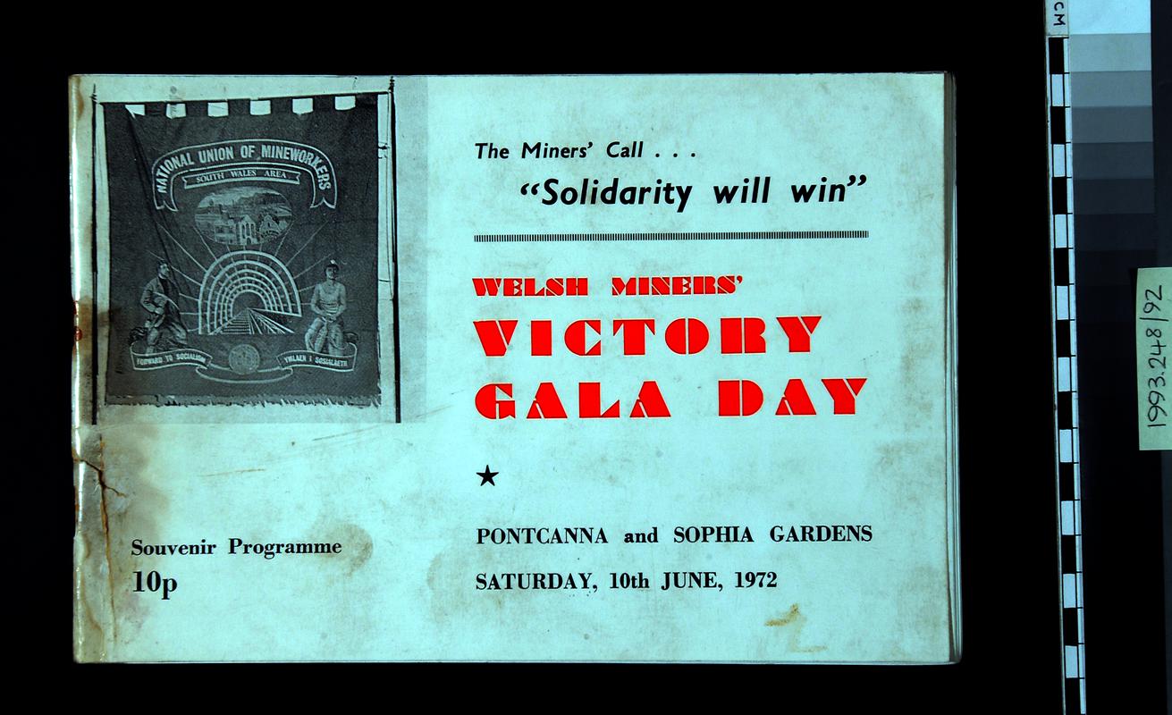 Front cover of Welsh Miners&#039; &quot;Victory Gala Day&quot; programme, Sophia Gardens, Cardiff