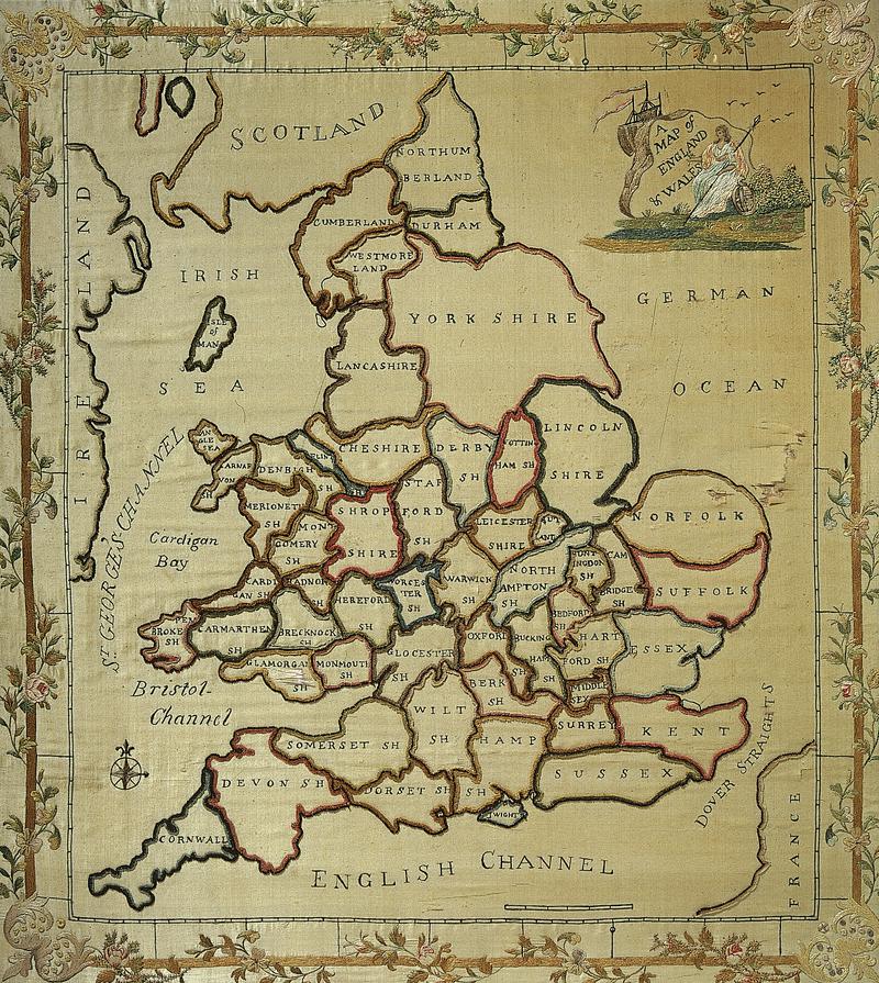 Sampler (map of England and Wales), made in Cydweli, c. 1820