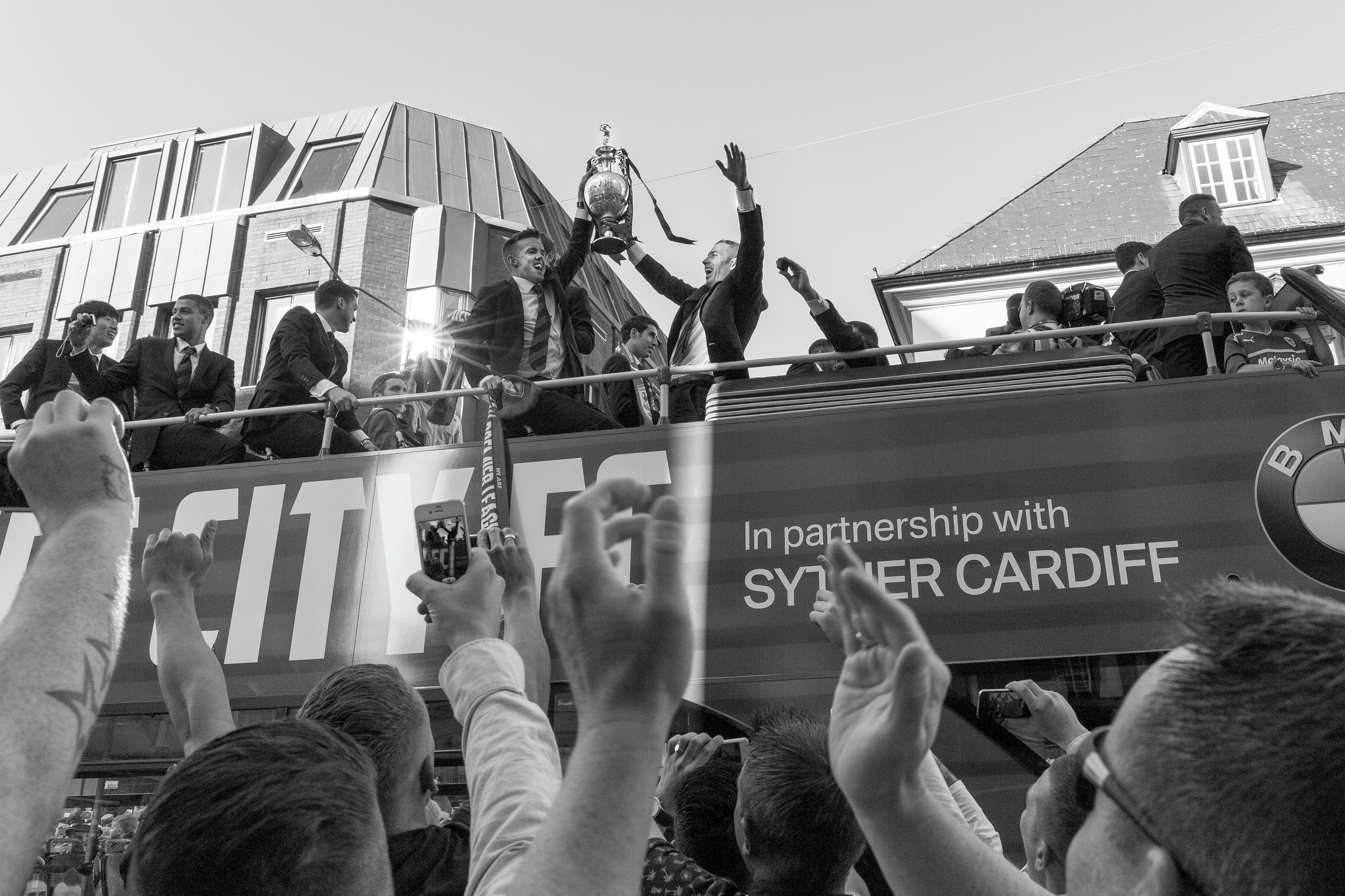 Celebrations of Cardiff FC promotion to the Premiereship. Cardiff, Wales