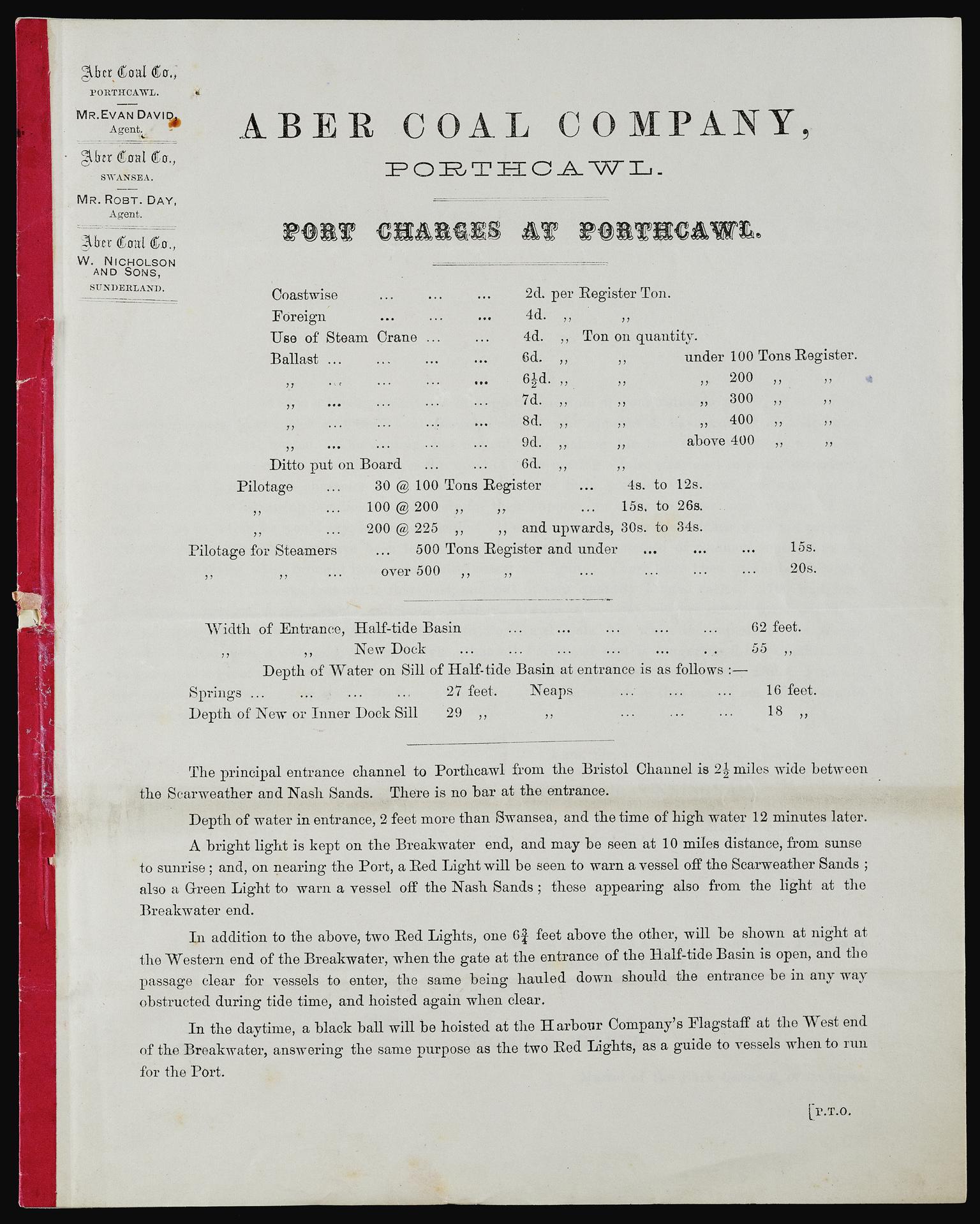 Aber Coal Company, Porthcawl. Port Charges at Porthcawl (booklet)