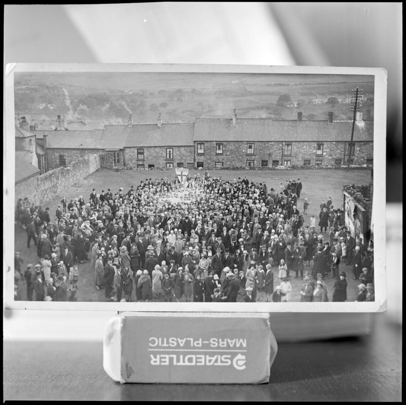 Black and white film negative of a photograph showing a large crowd of people, Blaenavon.  &#039;Blaenavon&#039; is transcribed from original negative bag.