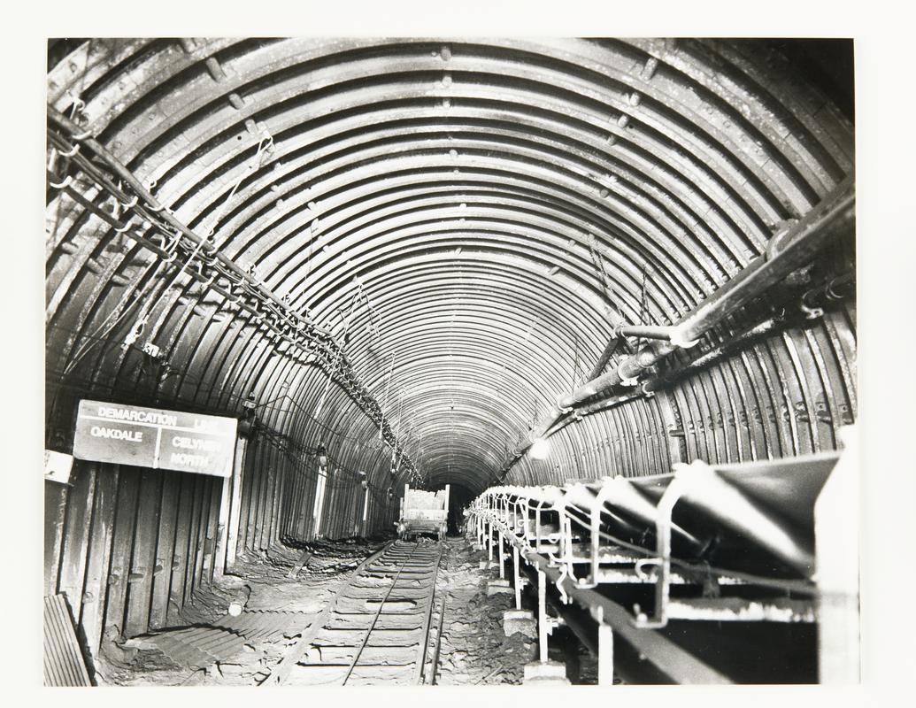 Roadway with high speed conveyor at the demarcation line between Oakdale and North Celynen collieries.