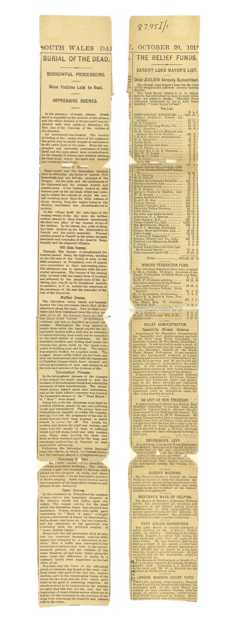 Newspaper cutting on the Universal Colliery Disaster, Senghenydd