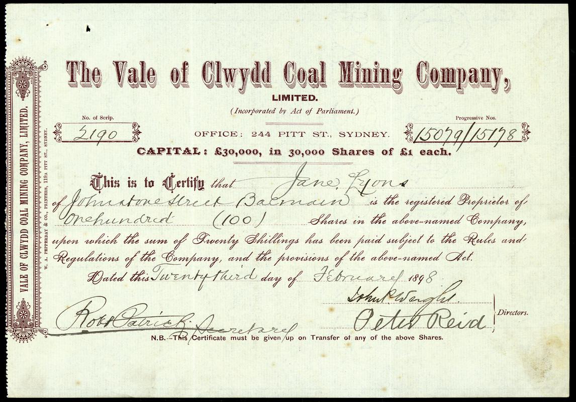 Share Certificate &quot;The Vale of Clwydd Coal Mining Company Limited&quot;